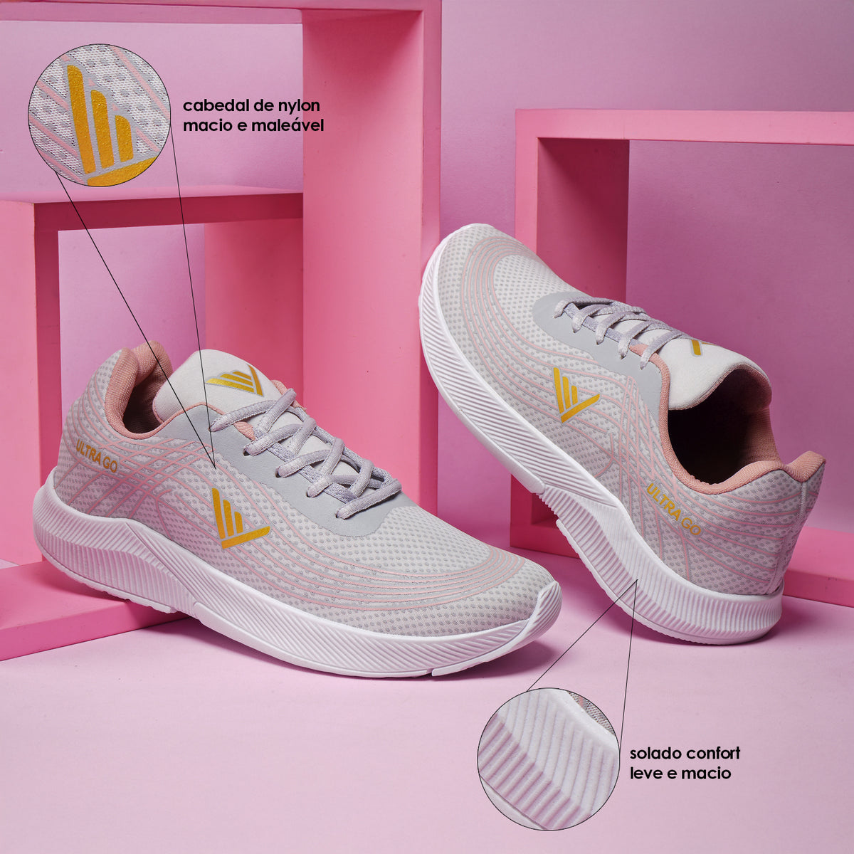 Tênis Virvel Ultra Go Rosa e dourado